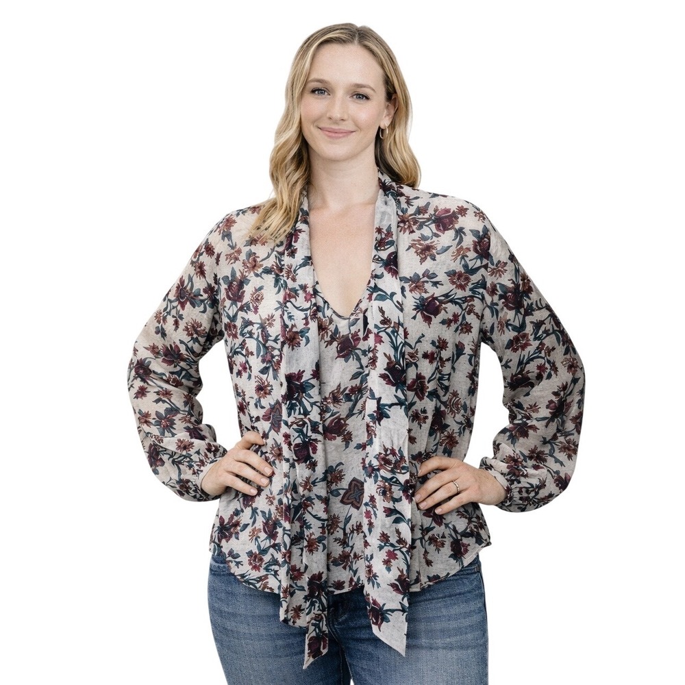 BP Womens Floral Sheer Blouse Medium Long Sleeve Tie Neck Elastic‎ Cuff Chiffon